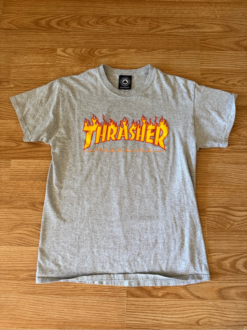 Thrasher Grey Tee with Yellow and Orange Flame Logo